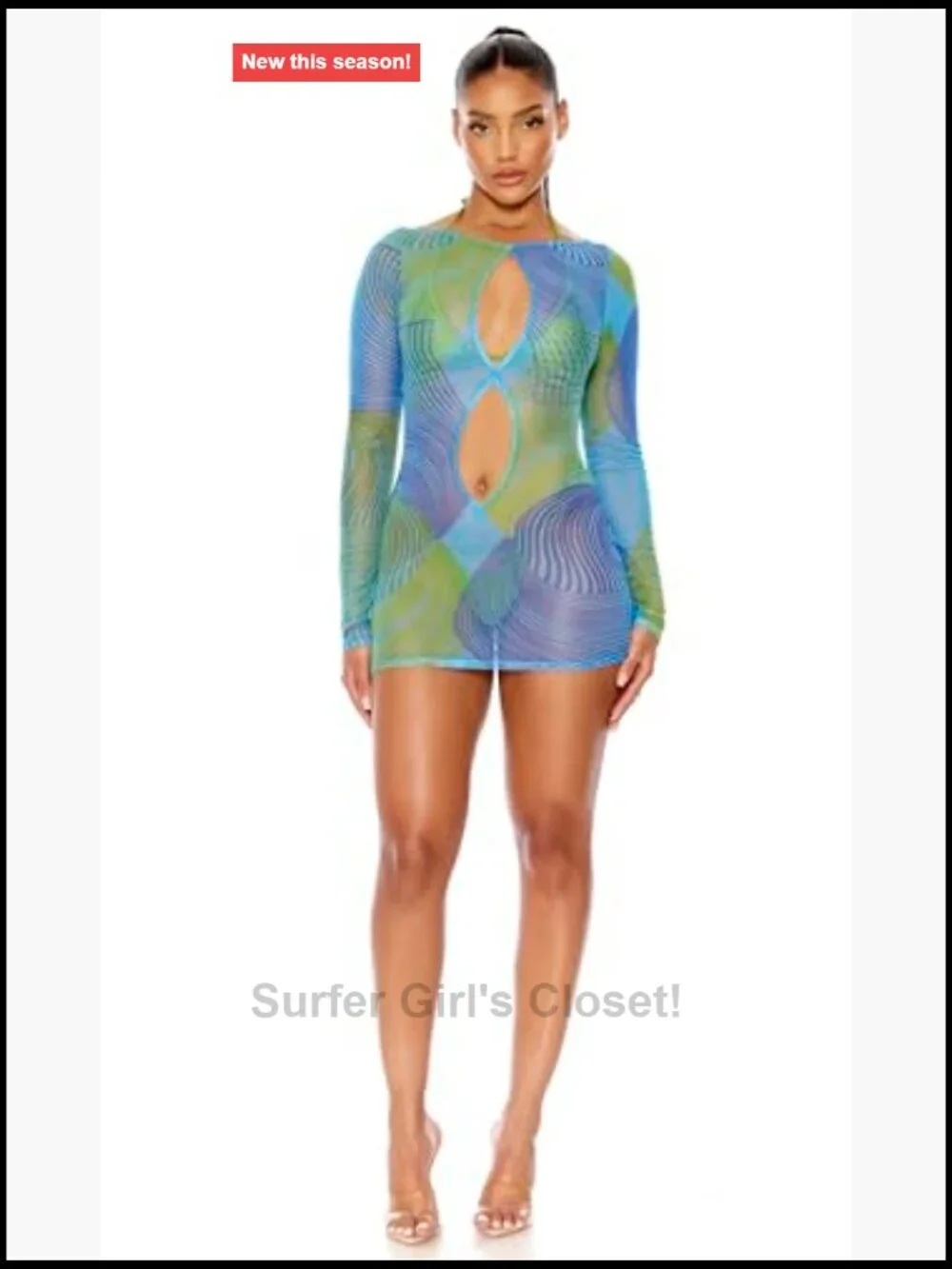 Mesh Bodycon Pool Mini Dress Keyhole Neck Long Sleeve
